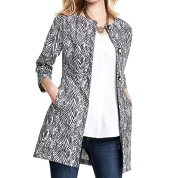 Cabi Peacoat Jacket Sz XS Zig Zag Ponte Knit style #3034 Zebra EUC Artsy Buttons - Picture 1 of 16